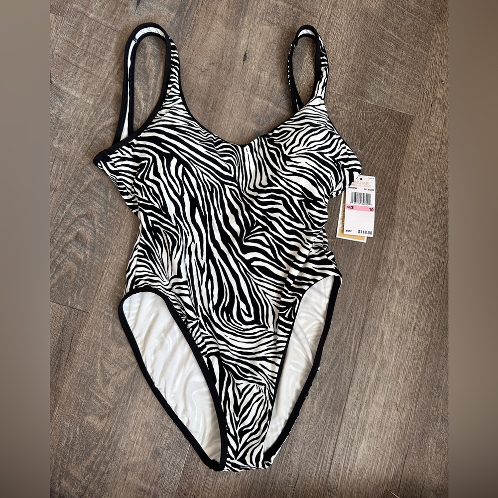 MICHAEL Michael Kors Zebra Print Scoop Low Back Black & White Swimsuit - Size 10